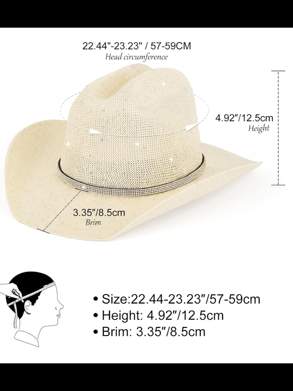 Women’s Bling Straw Cowboy Hat - Cream - Picture 4 of 6